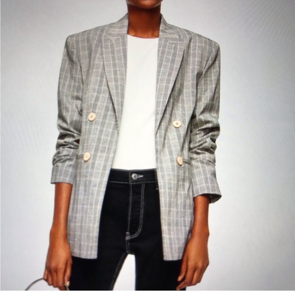 Mango Cotton Blend Checkered Plaid Blazer wooden buttons‎ with red details Fall - Picture 2 of 9